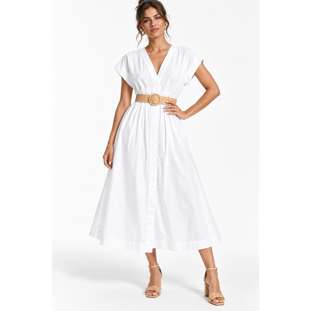 HM White Cotton Poplin V-Neck Belted Midi Dress Small Summer Minimalist NWT